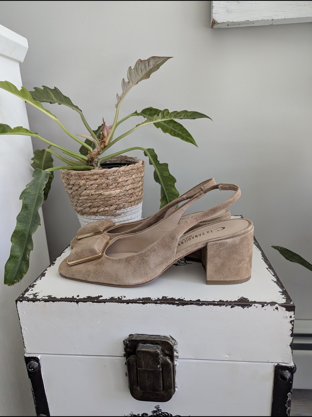 La Canadienne Suede Slingback Sandals with Gold Buckle Accent